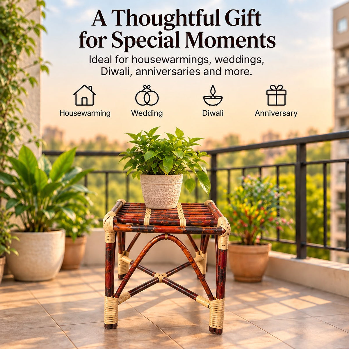 Premium Cane/Rattan Stool Cum Side Table, Handmade Square Shape Long-Lasting Natural Wicker, Multipurpose Table for Living Room, Bedroom, Balcony - Ideal as Housewarming & Wedding Gift (Medium)