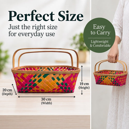 Handcrafted Dyed Bamboo Multipurpose Basket, Colorful Diamond Weave, Fruit & Gift Hamper Pooja Basket with Handle, Ideal for gifting