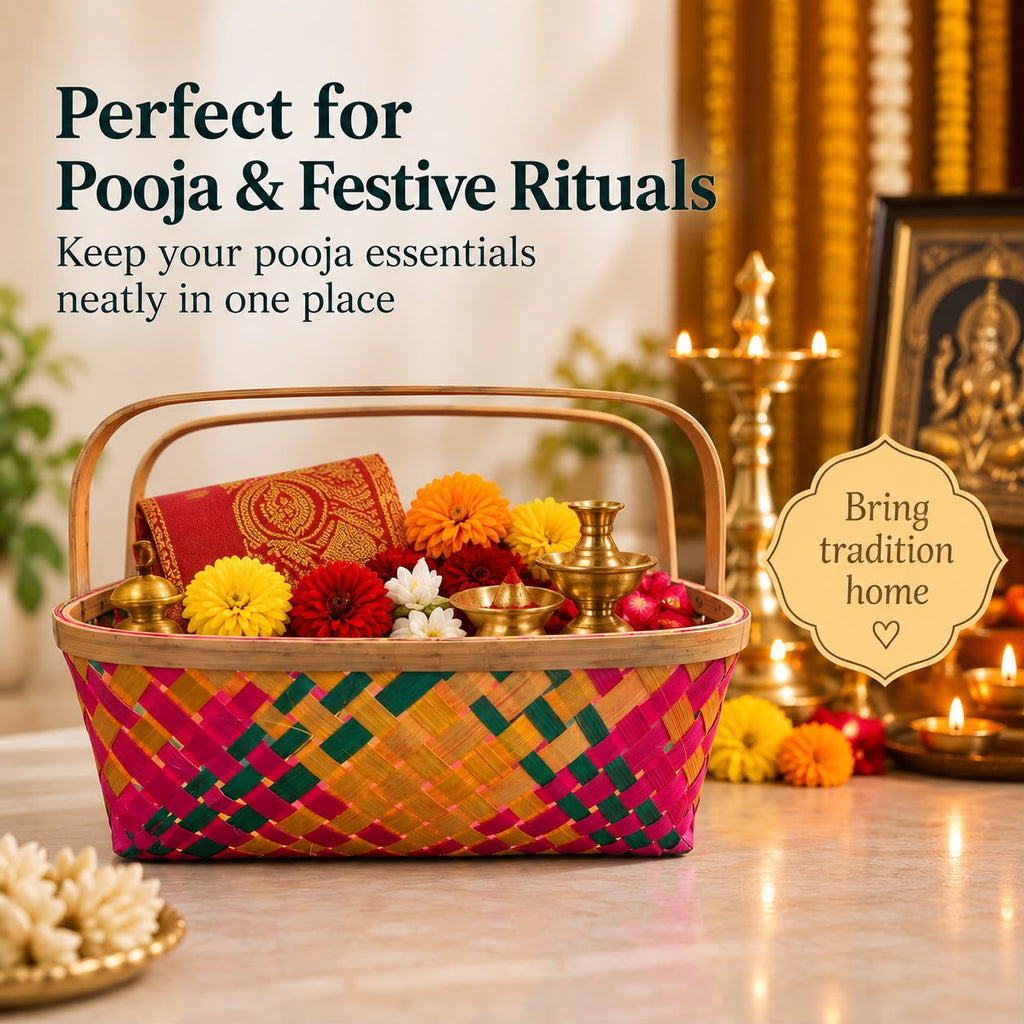 Handcrafted Dyed Bamboo Multipurpose Basket, Colorful Diamond Weave, Fruit & Gift Hamper Pooja Basket with Handle, Ideal for gifting