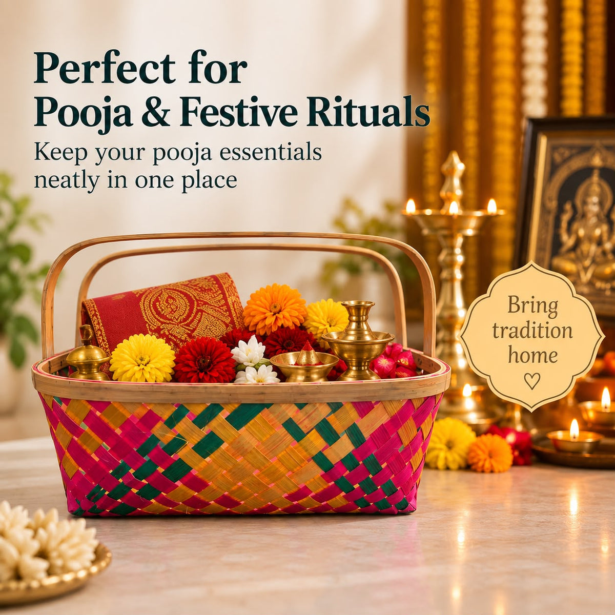 Handcrafted Dyed Bamboo Multipurpose Basket, Colorful Diamond Weave, Fruit & Gift Hamper Pooja Basket with Handle, Ideal for gifting