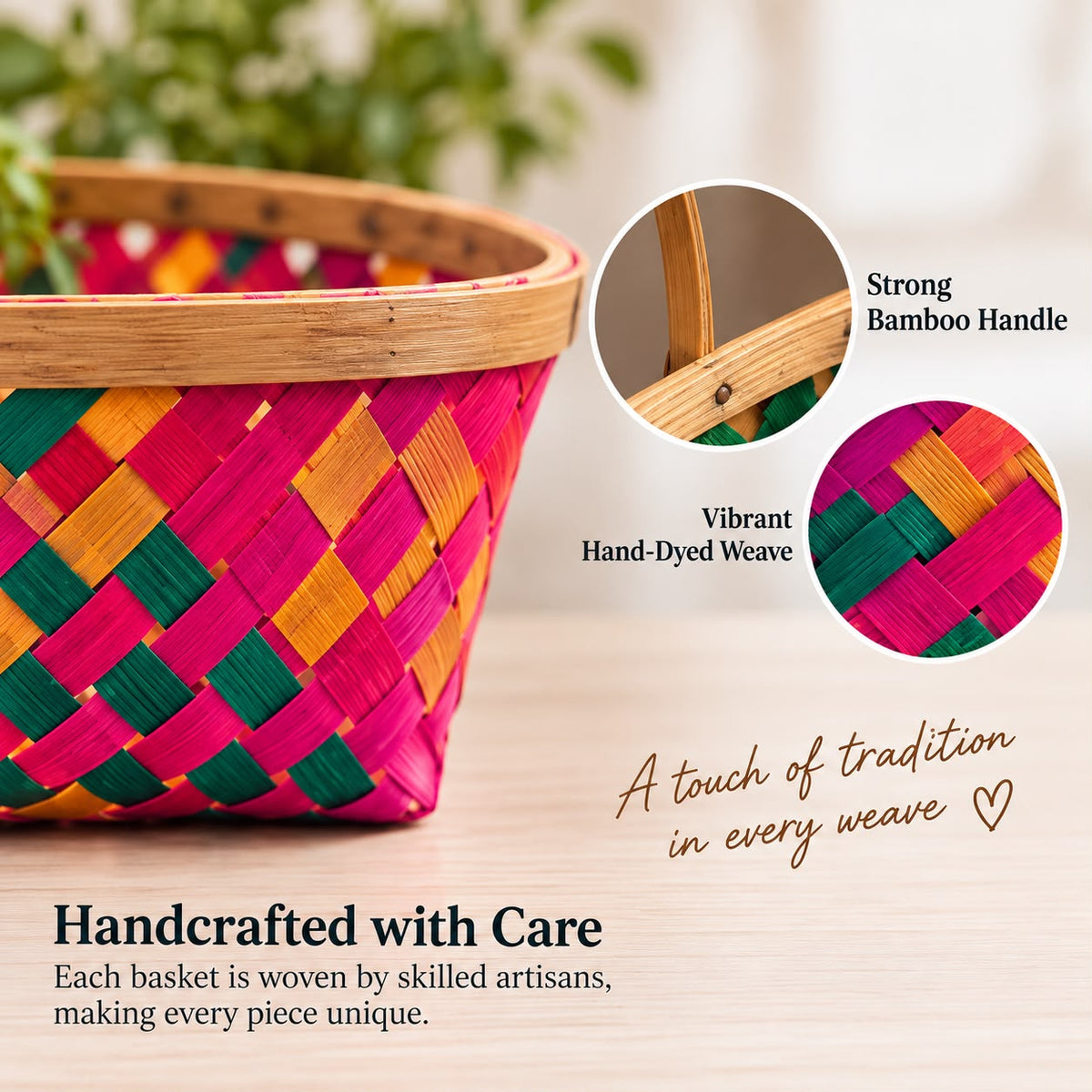 Handcrafted Dyed Bamboo Multipurpose Basket, Colorful Diamond Weave, Fruit & Gift Hamper Pooja Basket with Handle, Ideal for gifting